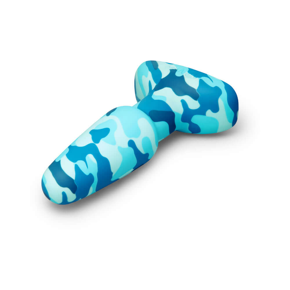 b-Vibe Rimming Butt Plug 2 Camo in blue and green camouflage design, ideal for anal pleasure and stimulation.