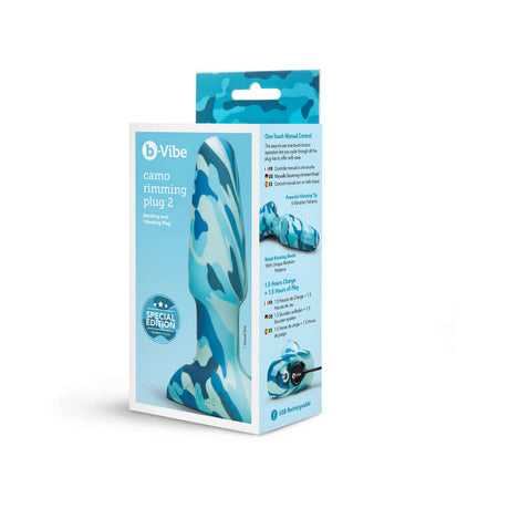 b-Vibe Rimming Butt Plug 2 Camo packaging showcasing the product and features in a special edition design.