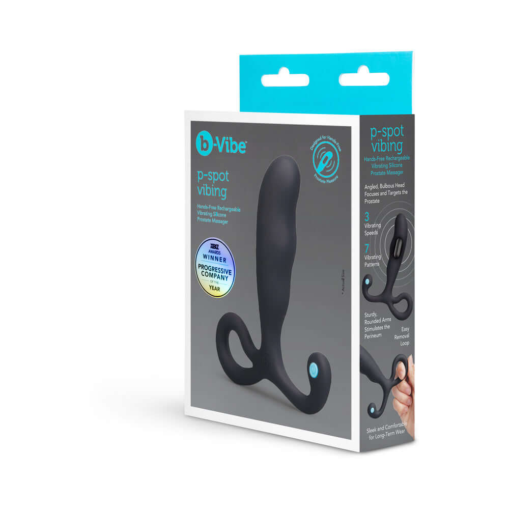 b-Vibe P-Spot Vibing Prostate Massager packaging with ergonomic design and hands-free functionality