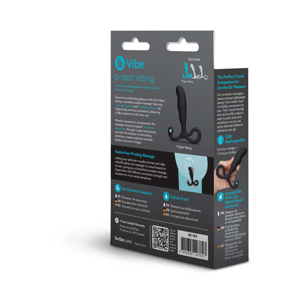 b-Vibe P-Spot Vibing Prostate Massager packaging showcasing features and ergonomic design for targeted stimulation.