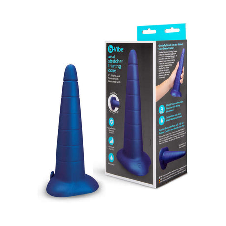 b-Vibe Anal Stretcher Training Cone displayed next to its packaging, showcasing its gradual expansion design.