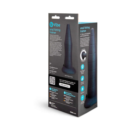 b-Vibe Fisting Anal Trainer packaging showcasing advanced anal training features and tapered cone shape.