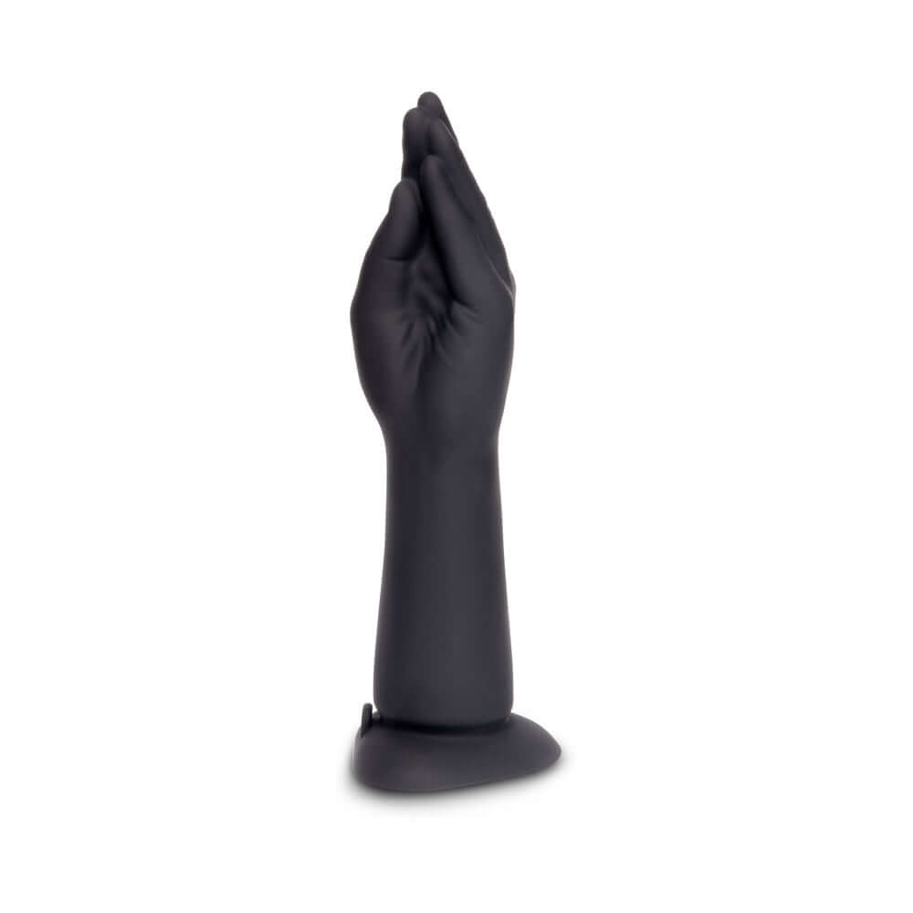 b-Vibe Vibrating Silicone Fisting Dildo shown in a sleek black silicone design resembling a hand.