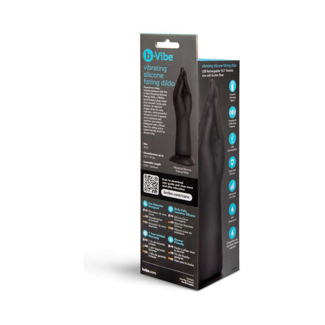 b-Vibe Vibrating Silicone Fisting Dildo packaging showcasing features and design details.