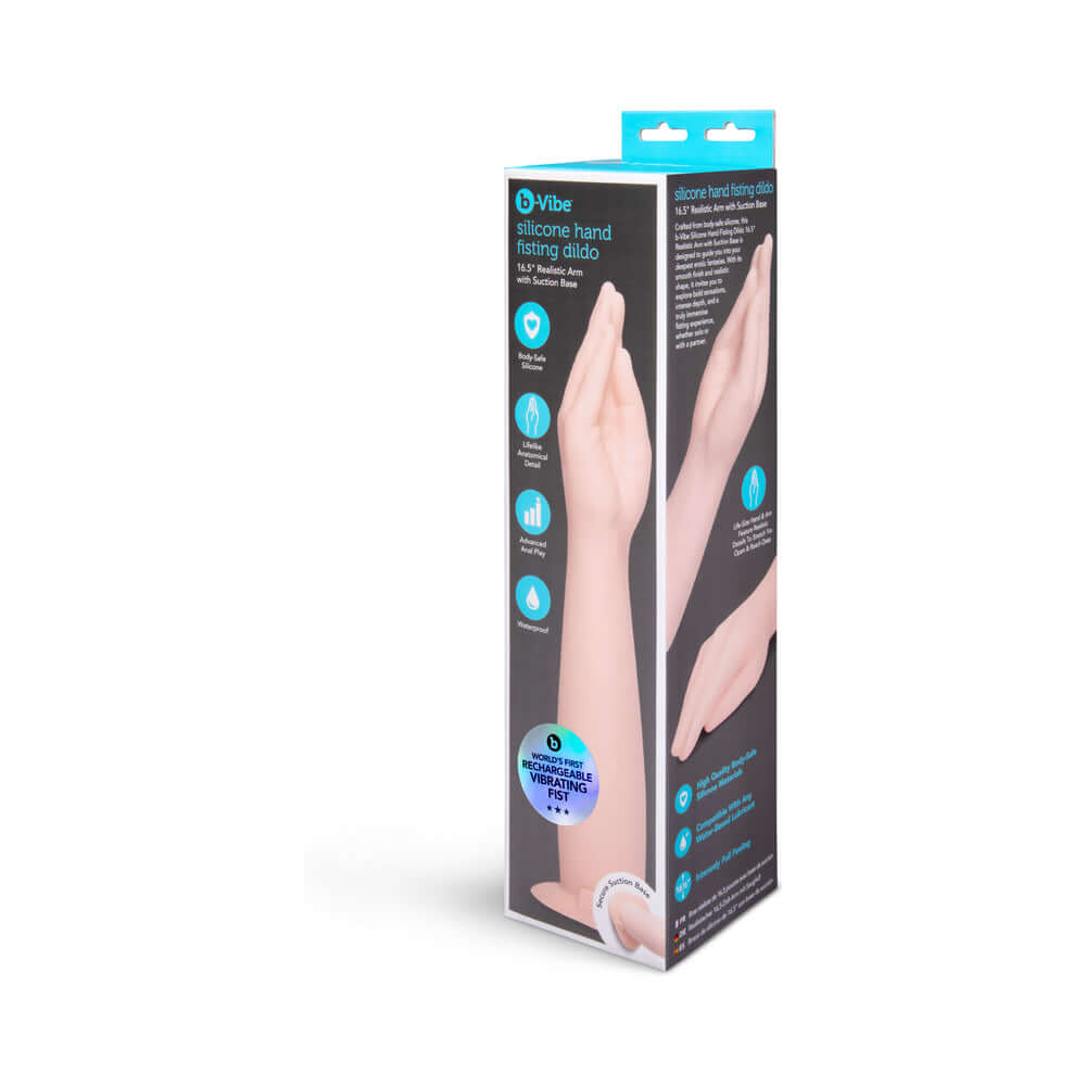 b-Vibe Silicone Hand Fisting Dildo in packaging showing realistic design and features for advanced anal exploration.