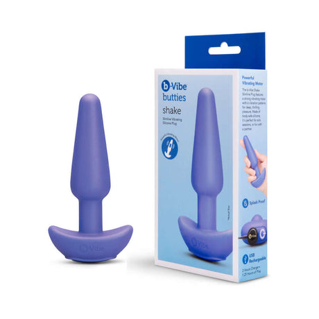 b-Vibe Butties Shake Vibrating Butt Plug with silicone design and packaging showcasing its features.