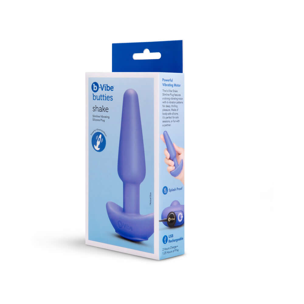 b-Vibe Butties Shake Vibrating Butt Plug packaging showing sleek design and features for powerful stimulation.