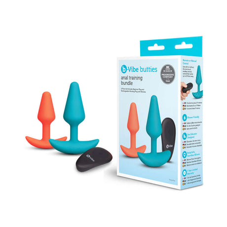 b-Vibe Butties Anal Training 2-Piece Set, featuring two silicone plugs and a remote for comfortable anal play.
