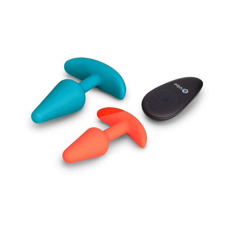 b-Vibe Butties Anal Training 2-Piece Set featuring a blue and orange tapered silicone plug and remote.