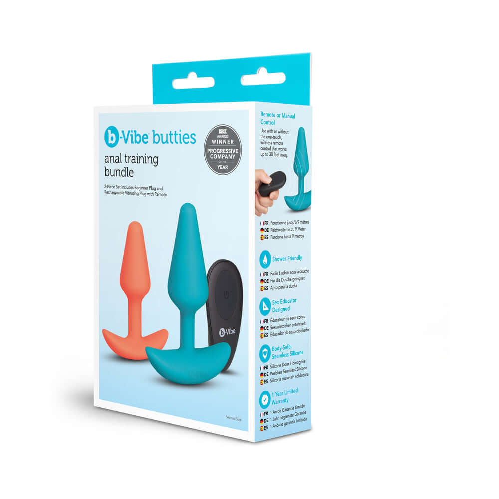 b-Vibe Butties Anal Training 2-Piece Set display packaging showing two silicone plugs and remote control.