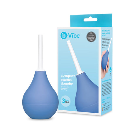 b-Vibe Compact Enema Douche Blue with packaging for travel-ready hygiene and convenience.