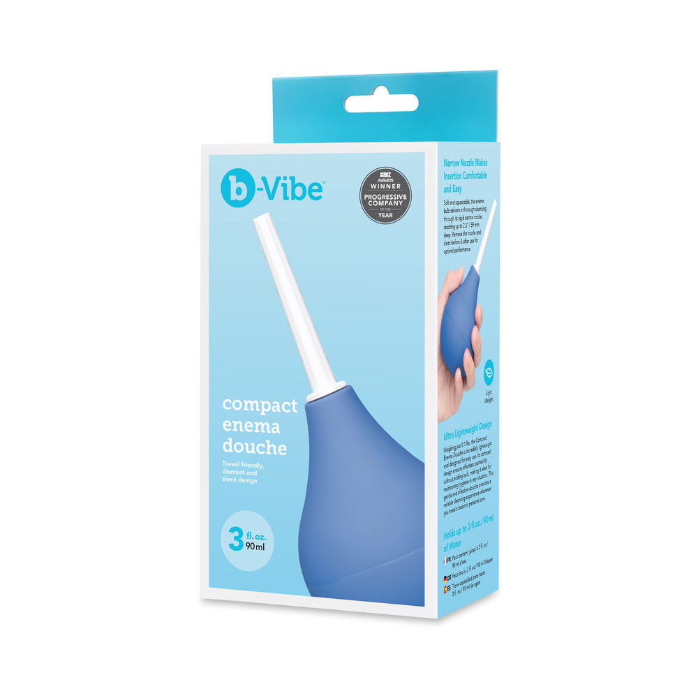 b-Vibe Compact Enema Douche Blue in packaging, perfect for travel and on-the-go cleanliness.