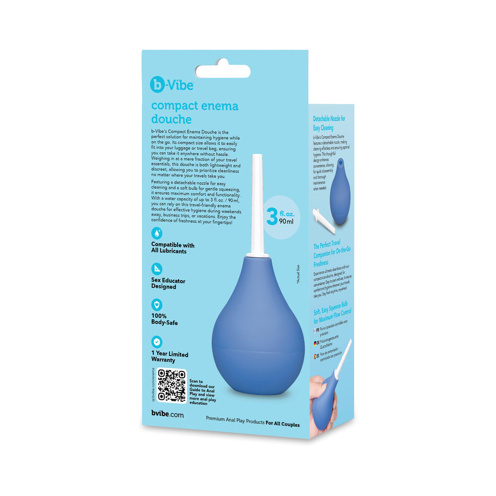 b-Vibe Compact Enema Douche Blue packaging showcasing design and features for on-the-go hygiene.