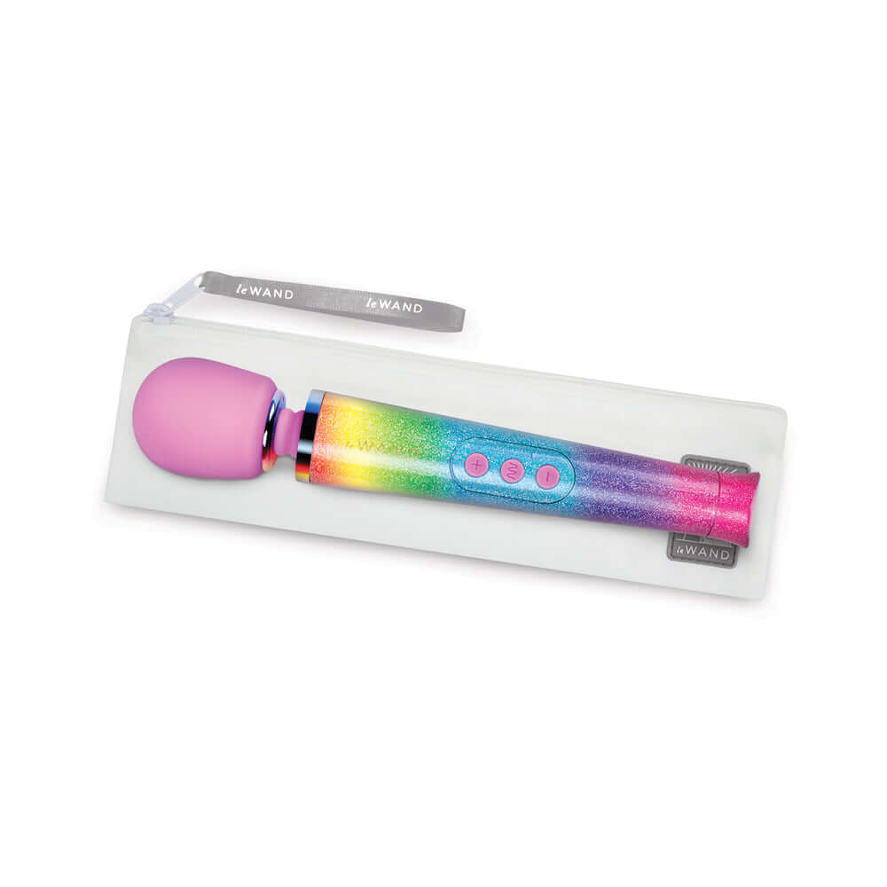 Le Wand Petite All That Glimmers Ombre compact wand massager in vibrant rainbow ombre packaging.