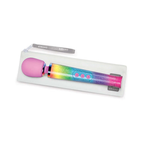 Le Wand Petite All That Glimmers Ombre compact wand massager in vibrant rainbow ombre packaging.