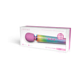 Le Wand Petite All That Glimmers Ombre compact wand massager with rainbow ombre finish in packaging.