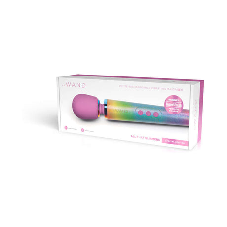 Le Wand Petite All That Glimmers Ombre compact wand massager with rainbow ombre finish in packaging.