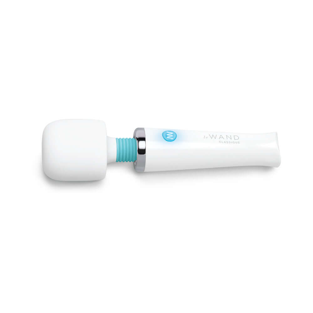 Le Wand Classique Mini Wand Massager in sleek, compact design featuring a white and blue color scheme.