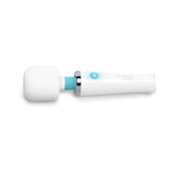 Le Wand Classique Mini Wand Massager in sleek, compact design featuring a white and blue color scheme.