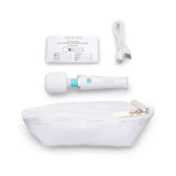 Le Wand Classique Mini Wand Massager with charging cable and storage pouch, perfect for travel and discreet use.