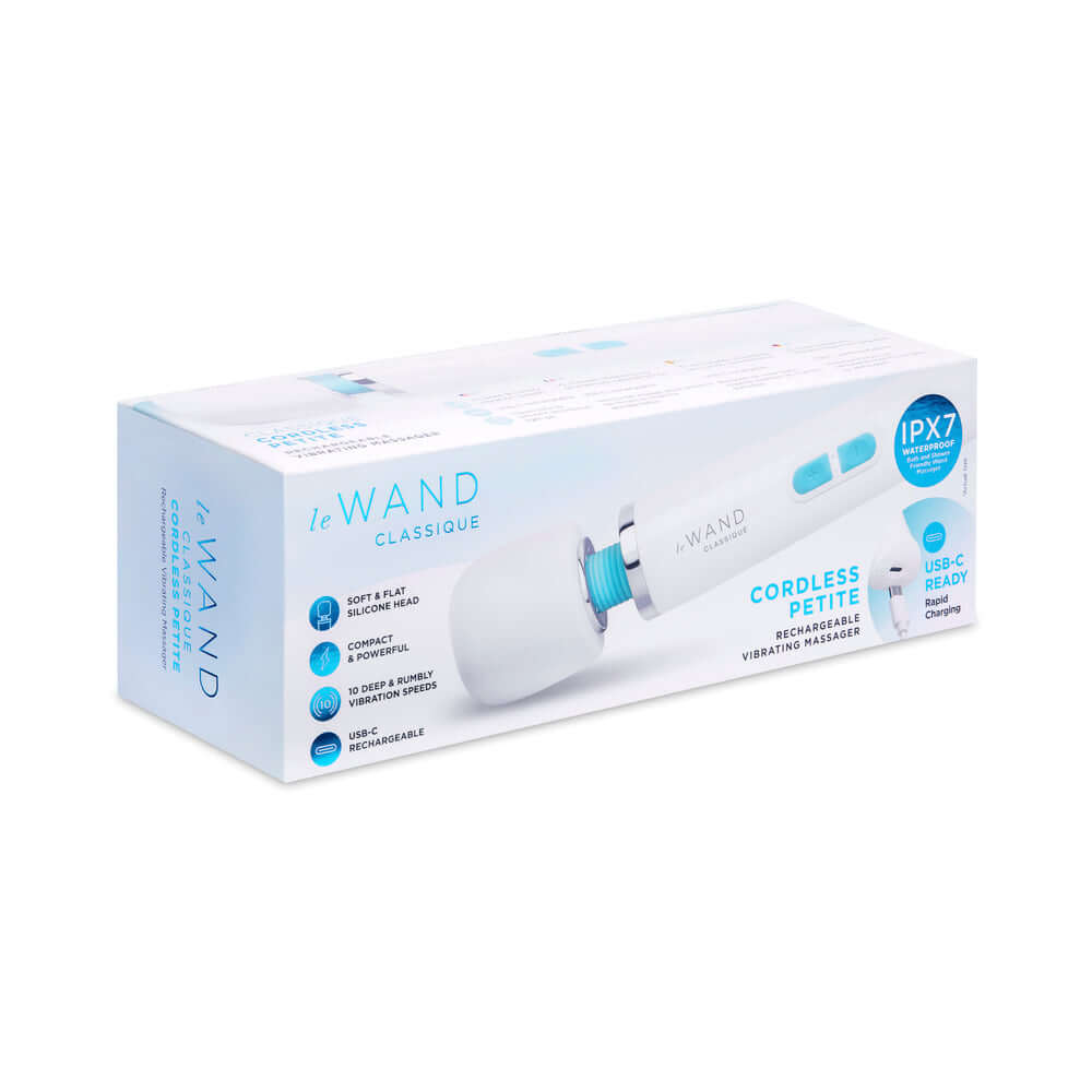 Le Wand Classique Petite Wand Massager package featuring a sleek design and USB-C compatibility for easy charging.