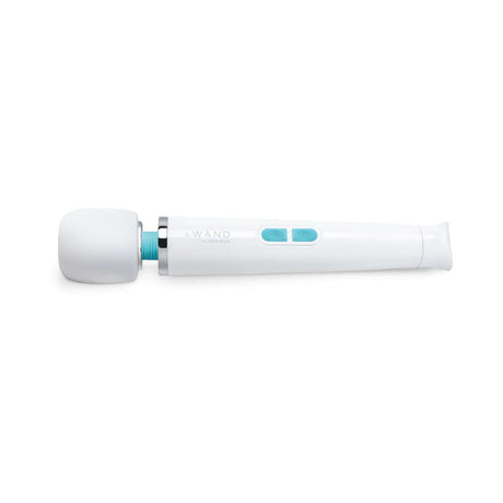 Le Wand Classique Petite Wand Massager in white with turquoise accents, designed for deep muscular relief.