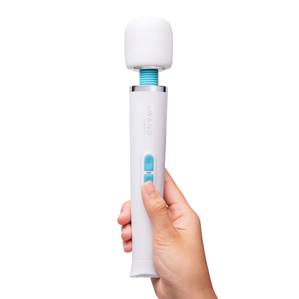 Le Wand Classique Petite Wand Massager held in hand showcasing its sleek design and features.
