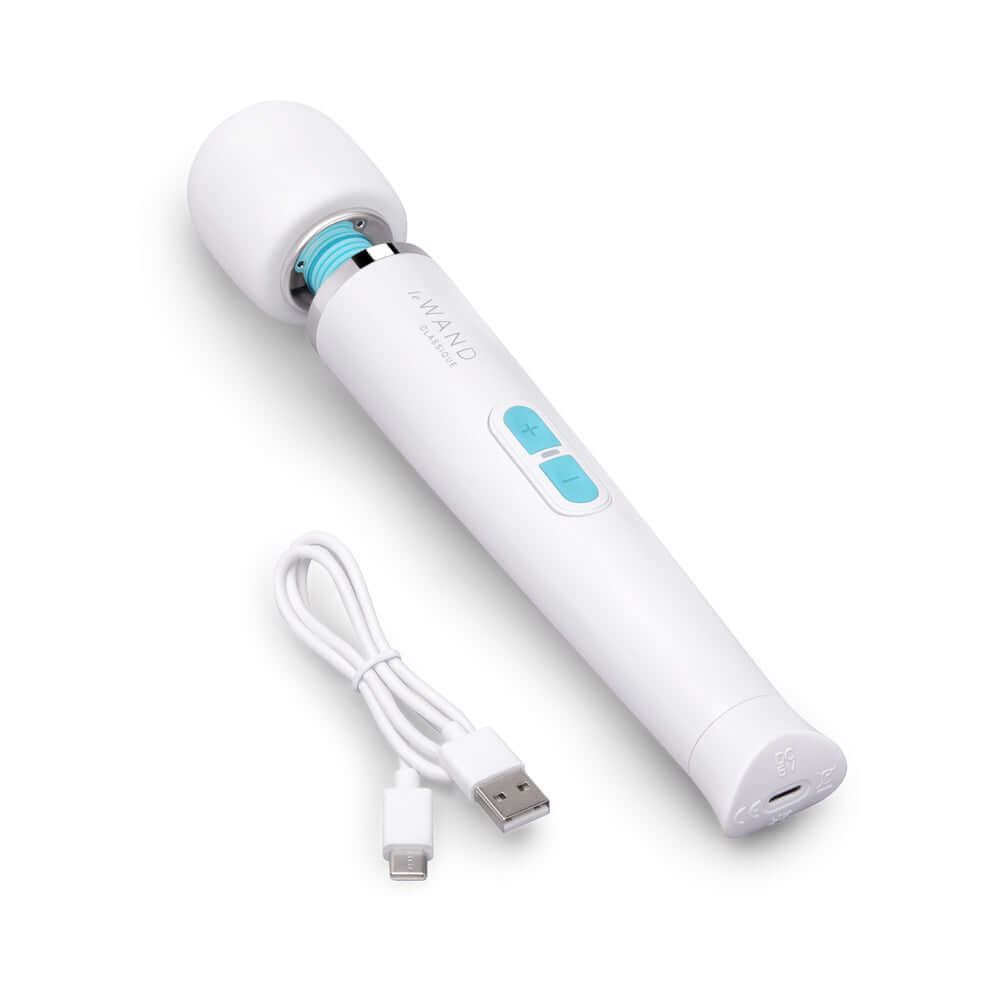 Le Wand Classique Petite Wand Massager shown with USB charging cable and control buttons for easy use.