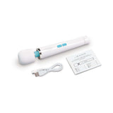 Le Wand Classique Petite Wand Massager with USB charging cable and user manual.