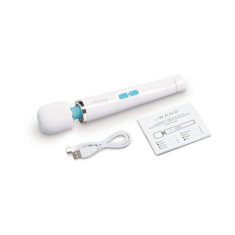 Le Wand Classique Petite Wand Massager with USB charging cable and user manual.