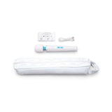 Le Wand Classique Petite Wand Massager, USB cable, instruction card, and pouch displayed on a white background.