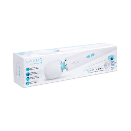 Le Wand Classique Plug-In Wand Massager packaging showcasing its design and features.