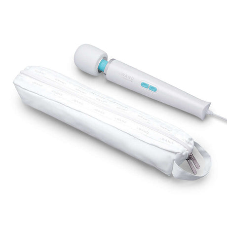 Le Wand Classique Plug-In Wand Massager alongside its storage pouch, showcasing its sleek design and corded functionality.