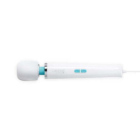 Le Wand Classique Plug-In Wand Massager with a white and teal design, showcasing its powerful corded functionality.