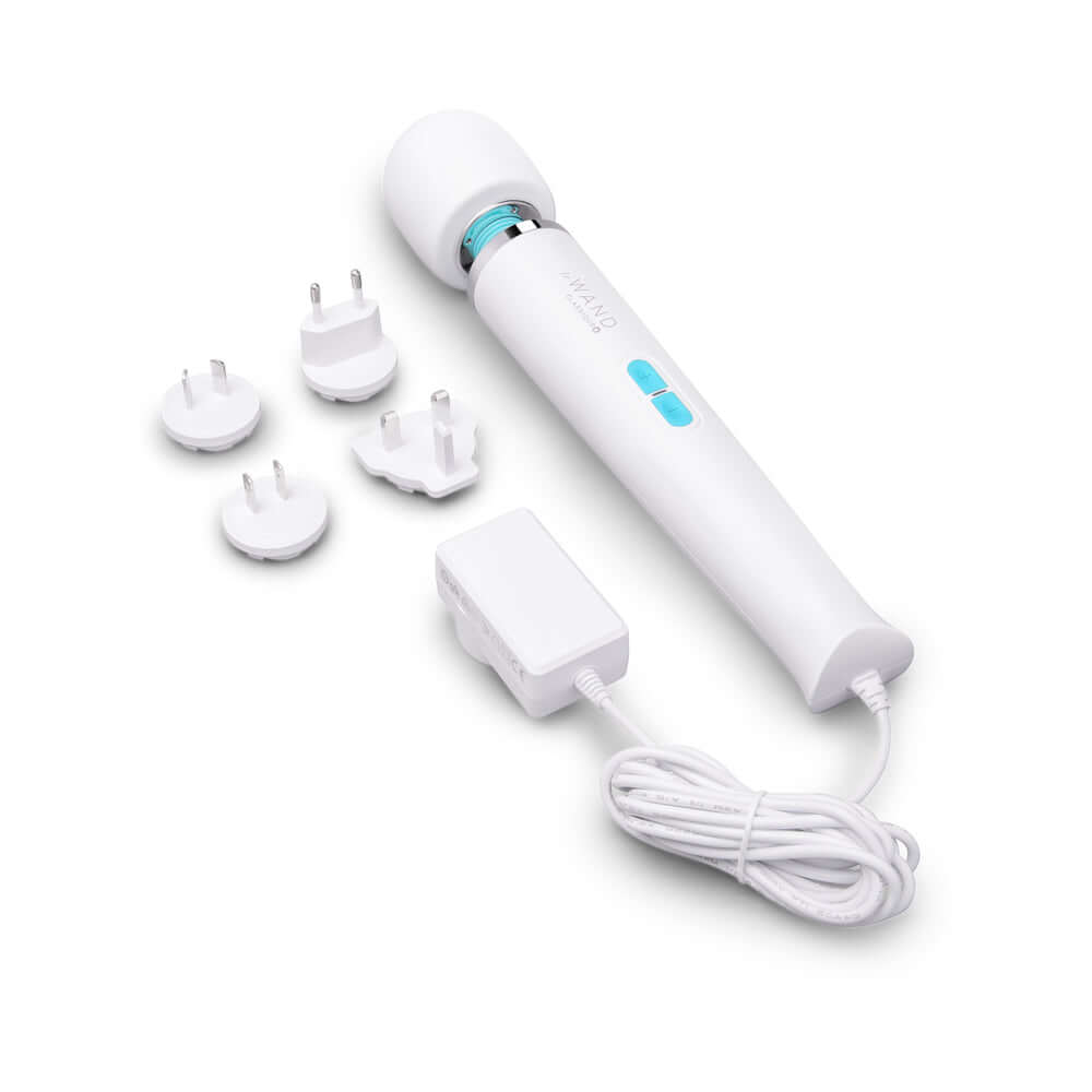Le Wand Classique Plug-In Wand Massager with interchangeable plugs and charger for versatile use.