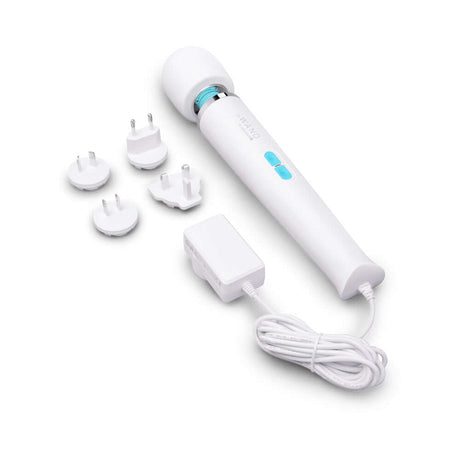 Le Wand Classique Plug-In Wand Massager with interchangeable plugs and charger for versatile use.