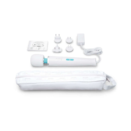 Le Wand Classique Plug-In Wand Massager with accessories and storage pouch displayed on a white background.