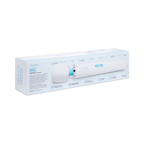 Le Wand Classique Plug-In Wand Massager in packaging, featuring controls and description for powerful muscle relief.