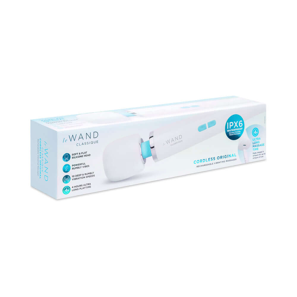 Le Wand Classique Rechargeable Wand Massager packaging showcasing the cordless design and features.