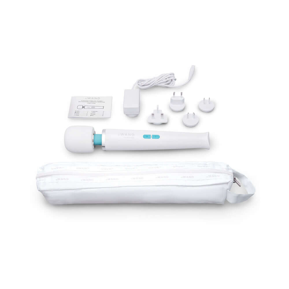 Le Wand Classique Rechargeable Wand Massager with accessories and storage pouch on a white background.