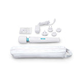 Le Wand Classique Rechargeable Wand Massager with accessories and storage pouch on a white background.