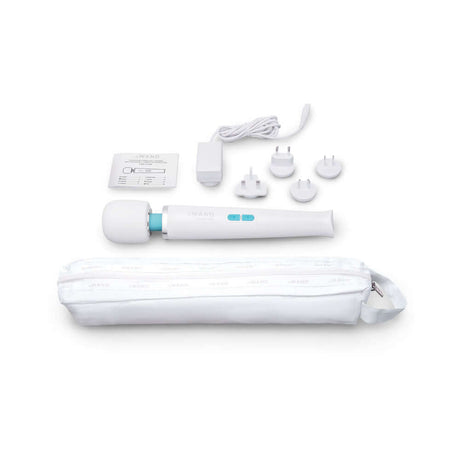 Le Wand Classique Rechargeable Wand Massager with accessories and storage pouch on a white background.