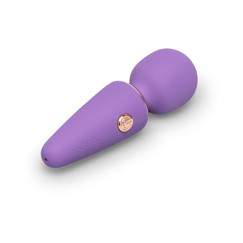 Le Wand Mini Micro Wand Massager Violet - compact rechargeable vibrator in a sleek design with a rose gold button.