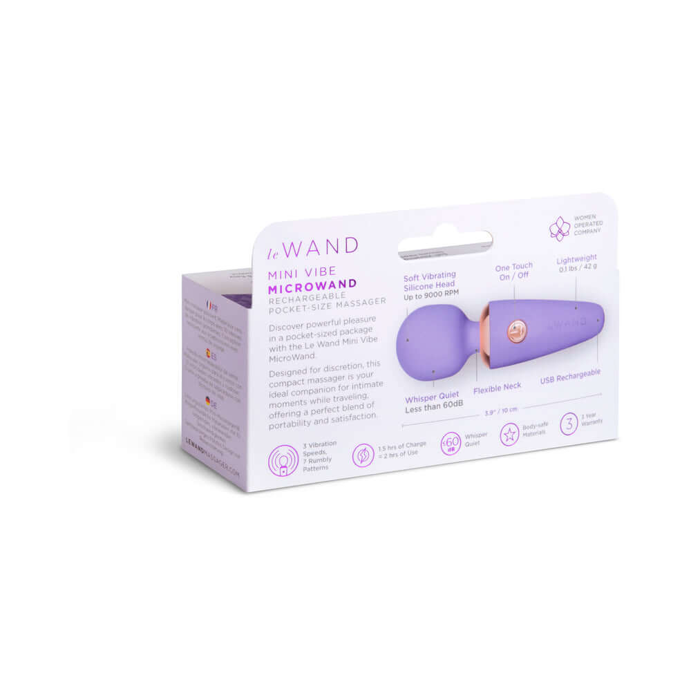 Le Wand Mini Micro Wand Massager Violet packaging showcasing compact design and features for targeted vibration