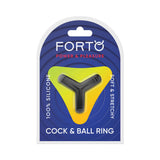 Forto F-59 Tri Cock & Ball Ring Black packaging showcasing 100% silicone design for comfort and stability.