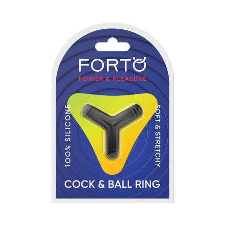 Forto F-59 Tri Cock & Ball Ring Black packaging showcasing 100% silicone design for comfort and stability.
