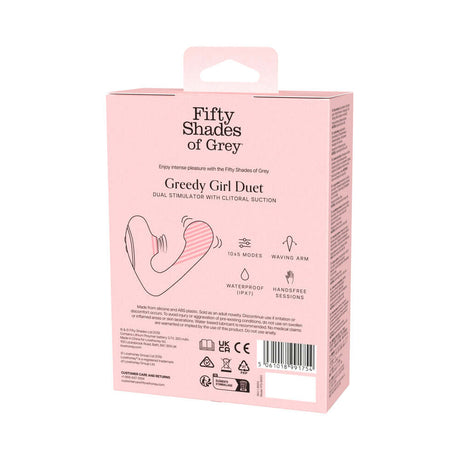 Fifty Shades of Grey Greedy Girl Duet packaging showcasing dual stimulator with clitoral suction features.