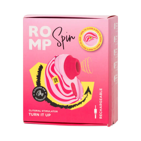 ROMP Spin Travel Rechargeable Clitoral Stimulator packaging, featuring Pleasure Air Technology and compact design.