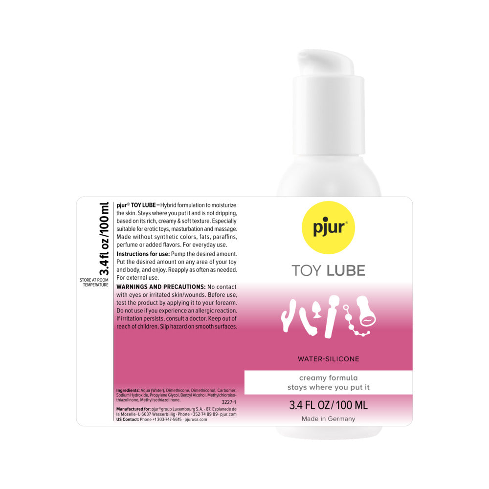 pjur TOY LUBE Water-Silicone 3.4 Oz bottle featuring creamy formula and unique hybrid texture.