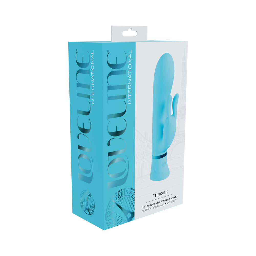 Loveline Tendre Rechargeable Silicone Rabbit Vibrator Blue packaging displaying sleek design and 10 vibration functions.